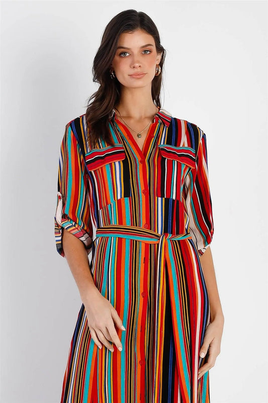 Red Multi Color Stripe Belted Roll Up Sleeve Shirt Maxi Dress /1-2-2-1 - Tasha Apparel Wholesale