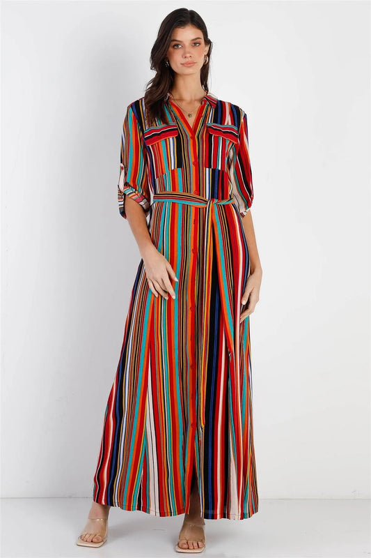 Red Multi Color Stripe Belted Roll Up Sleeve Shirt Maxi Dress /1-2-3 - Tasha Apparel Wholesale