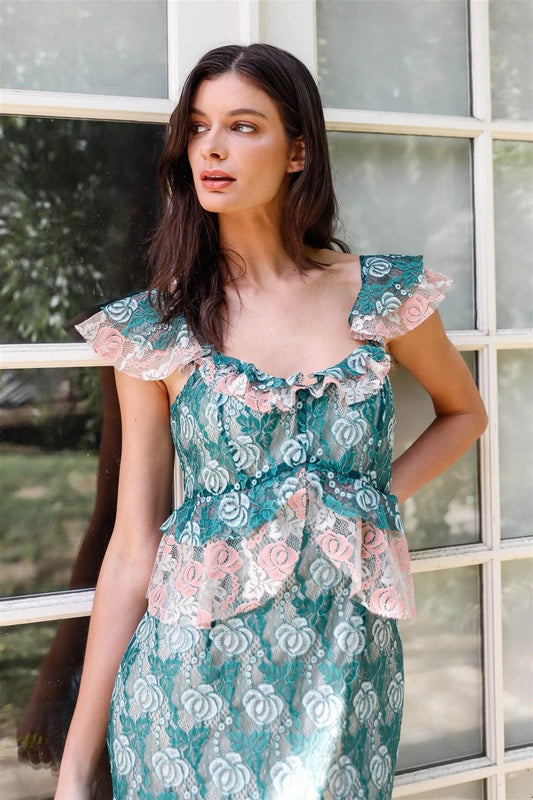 Mint Blush Layered Lace Ruffle Detail Midi Dress /2-2-1-1 - Tasha Apparel Wholesale