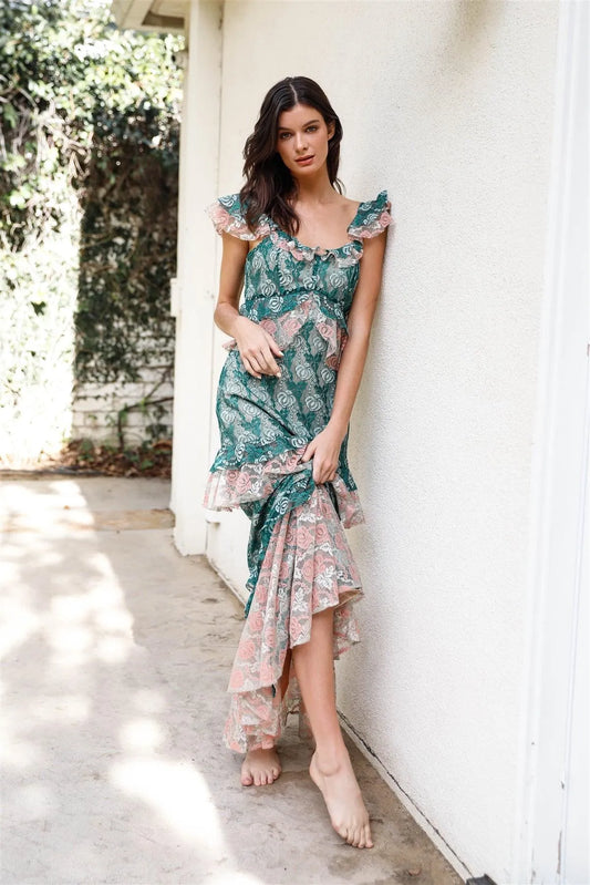 Mint Blush Layered Lace Ruffle Detail Midi Dress /1-2-2-1 - Tasha Apparel Wholesale