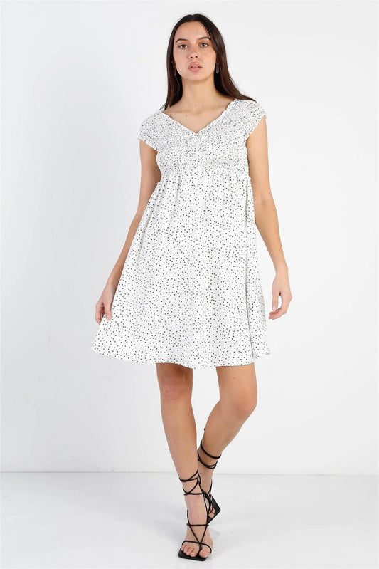 White Polka Dot Smocked Criss Cross Top Mini Dress /1-1-2-2 - Tasha Apparel Wholesale