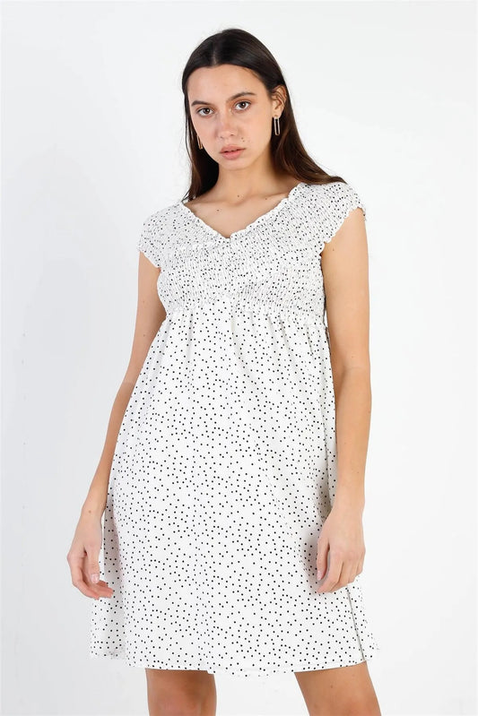 White Polka Dot Smocked Criss Cross Top Mini Dress /1-2-2-1 - Tasha Apparel Wholesale