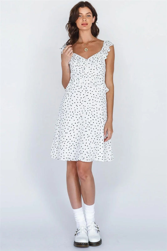White Black Polka Print Ruched Ruffled V-Neck Mini Dress - Tasha Apparel Wholesale