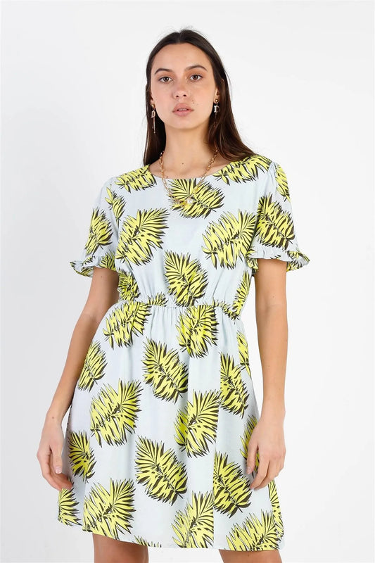 Dusty Blue Contrast Leaf Print Textured Mini Dress /1-1-2 - Tasha Apparel Wholesale