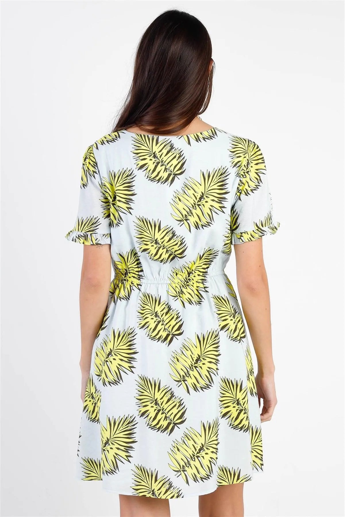 Dusty Blue Contrast Leaf Print Textured Mini Dress /1-1-2 - Tasha Apparel Wholesale