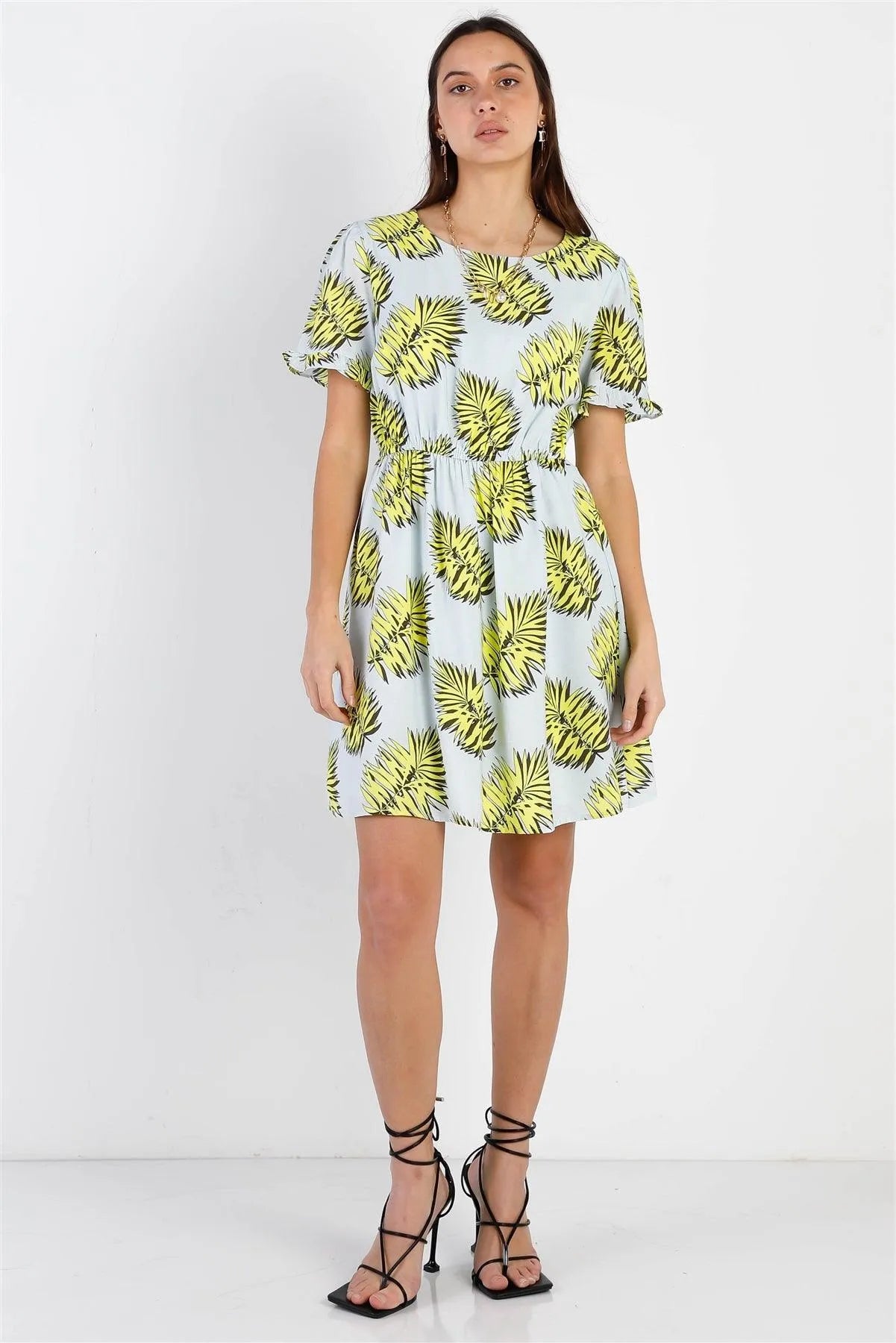 Dusty Blue Contrast Leaf Print Textured Mini Dress /1-1-2 - Tasha Apparel Wholesale
