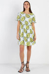 Dusty Blue Contrast Leaf Print Textured Mini Dress /1-2-2-1 - Tasha Apparel Wholesale