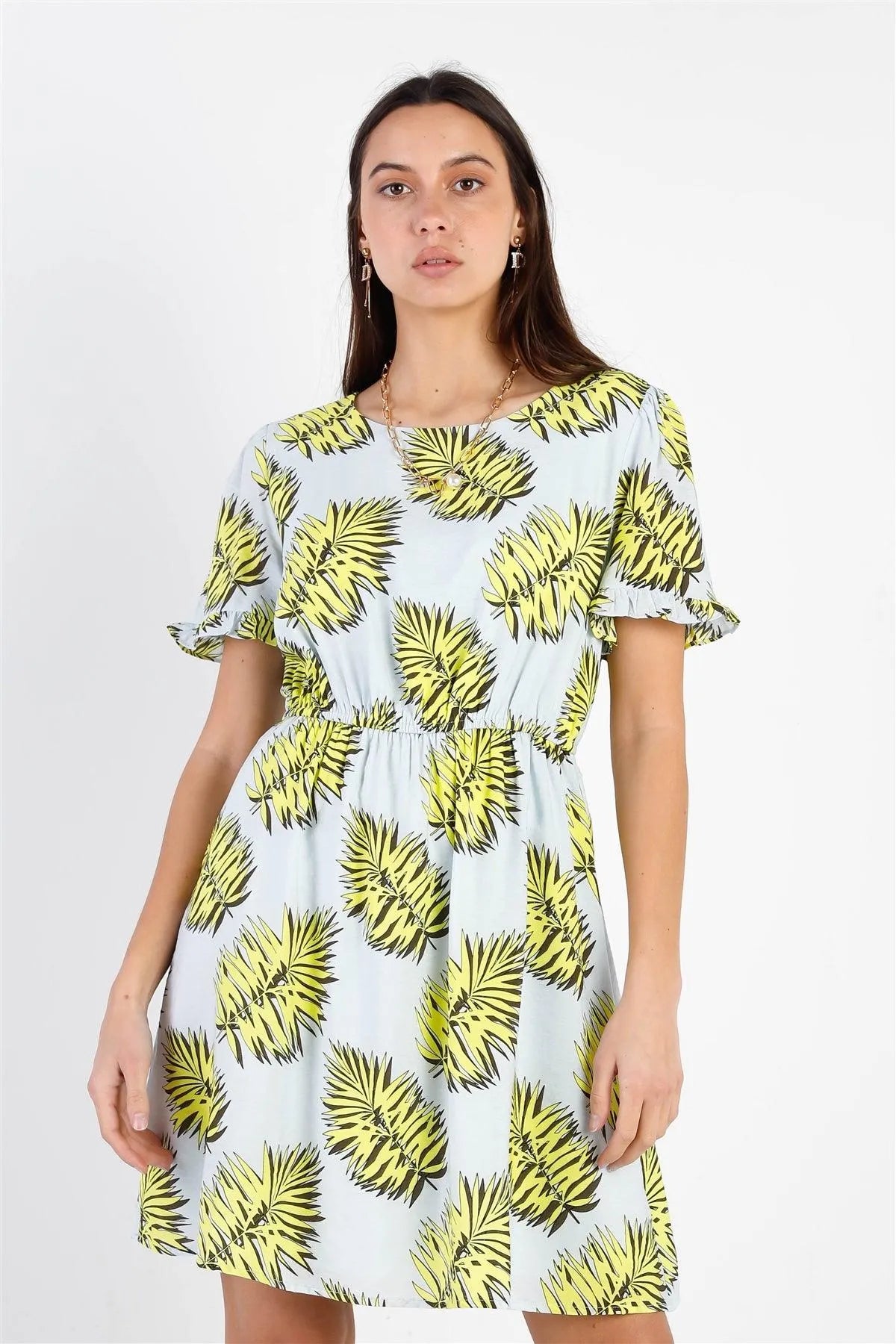 Dusty Blue Contrast Leaf Print Textured Mini Dress /1-2-2-1 - Tasha Apparel Wholesale