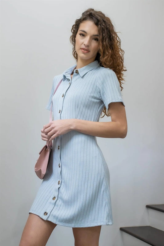 Blue Ribbed Front Button Up Collared Shirt Mini Dress /1-1-2-1 - Tasha Apparel Wholesale