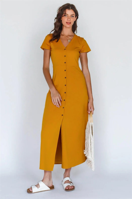 Mustard Button Up V-Neck Midi Dress - Tasha Apparel Wholesale