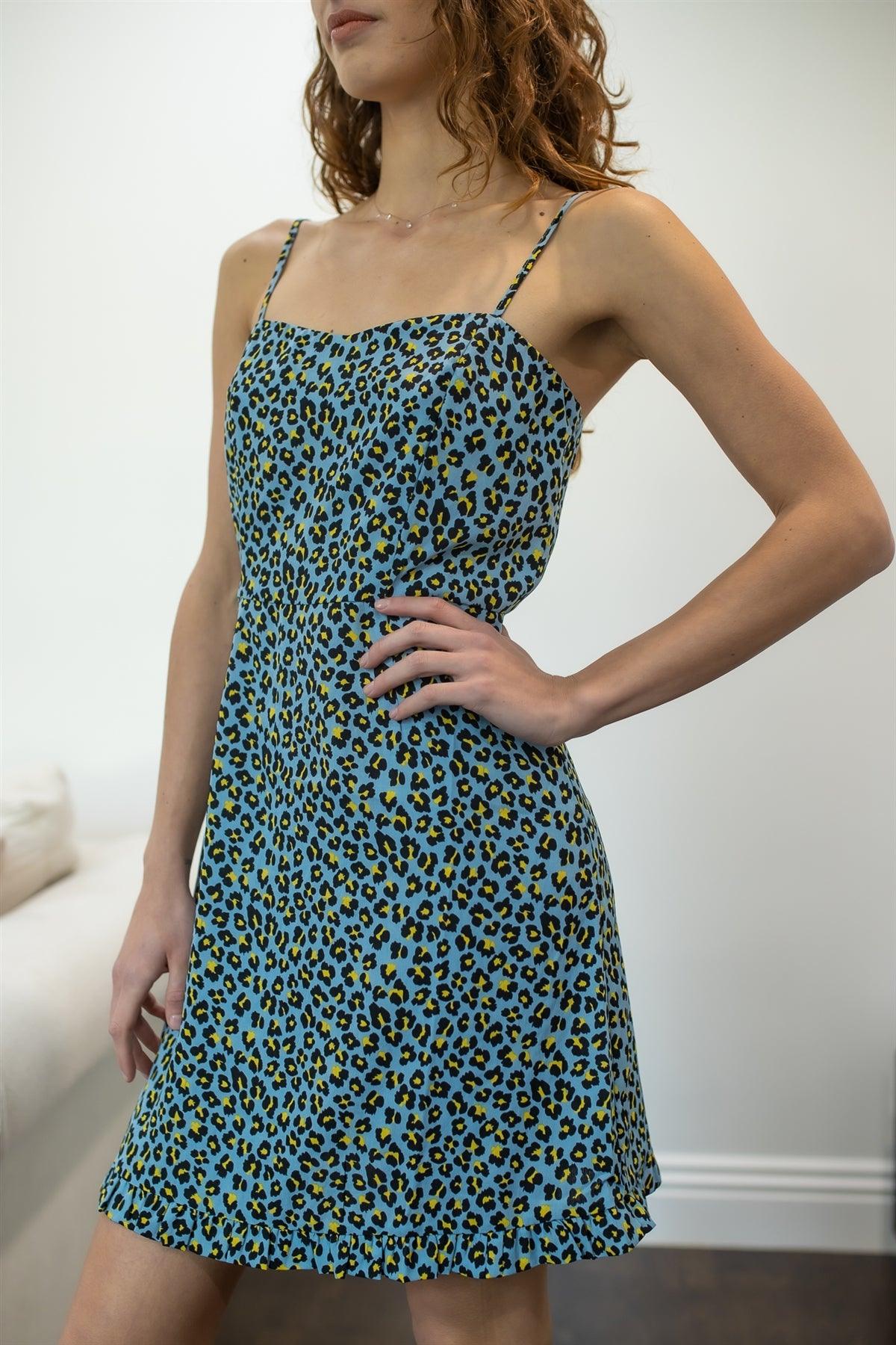 Mid Blue Leopard Print Ruffle Hem Strappy Mini Dress /2-3-1