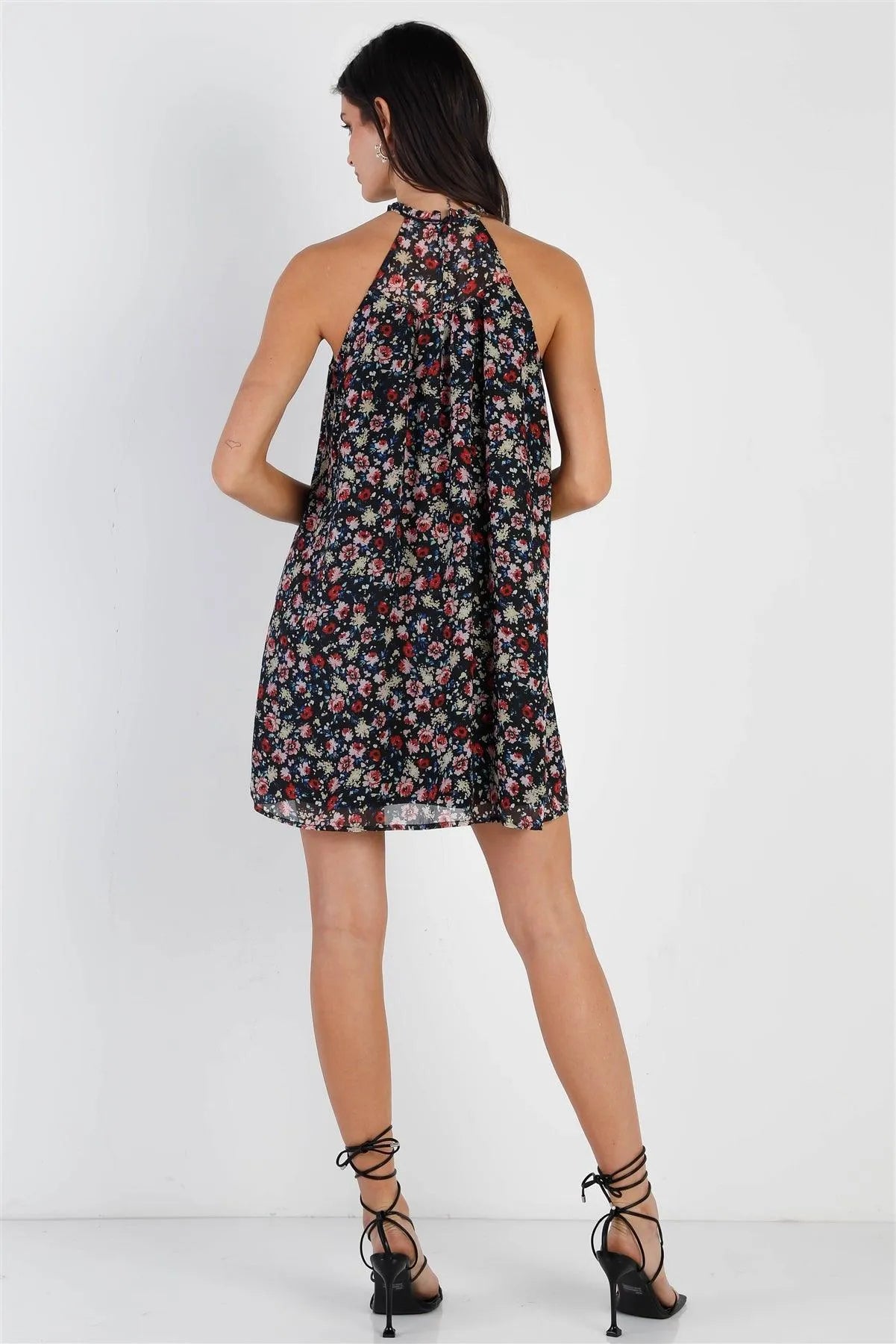 Black Multi Color Floral Print Smocked Collar Sleeveless Mini Dress /1-2-2-1 - Tasha Apparel Wholesale