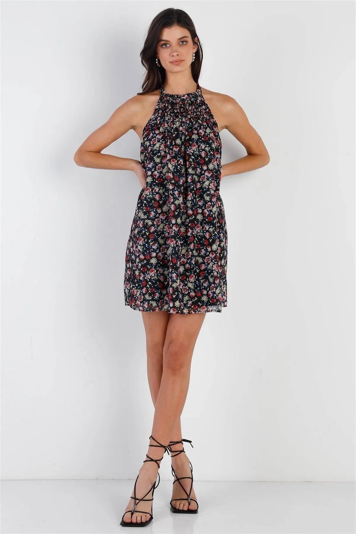 Black Multi Color Floral Print Smocked Collar Sleeveless Mini Dress /1-2-2-1 - Tasha Apparel Wholesale