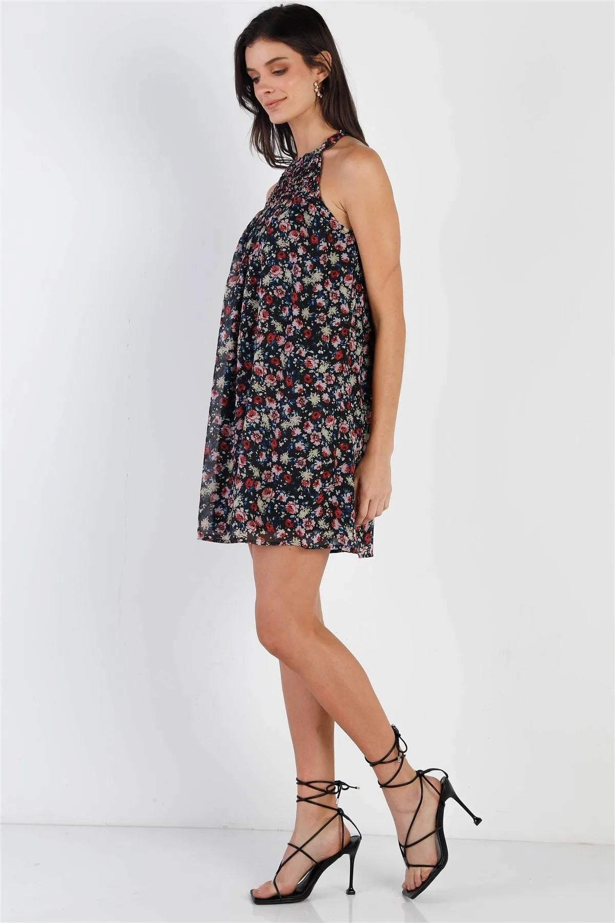 Black Multi Color Floral Print Smocked Collar Sleeveless Mini Dress /1-2-2-1 - Tasha Apparel Wholesale