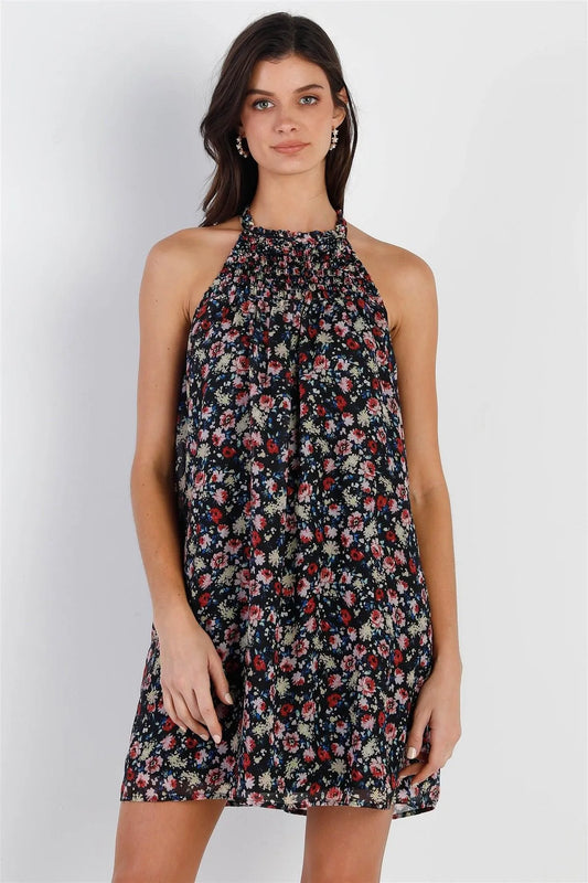 Black Multi Color Floral Print Smocked Collar Sleeveless Mini Dress /2-3-2 - Tasha Apparel Wholesale