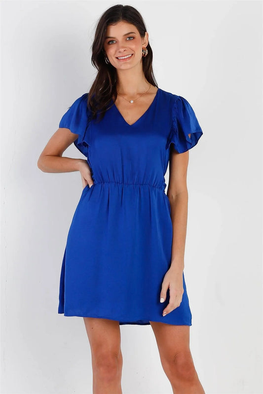 Cobalt Satin Effect Back Self-Tie Detail Flare Short Sleeve Mini Dress /2-3 - Tasha Apparel Wholesale