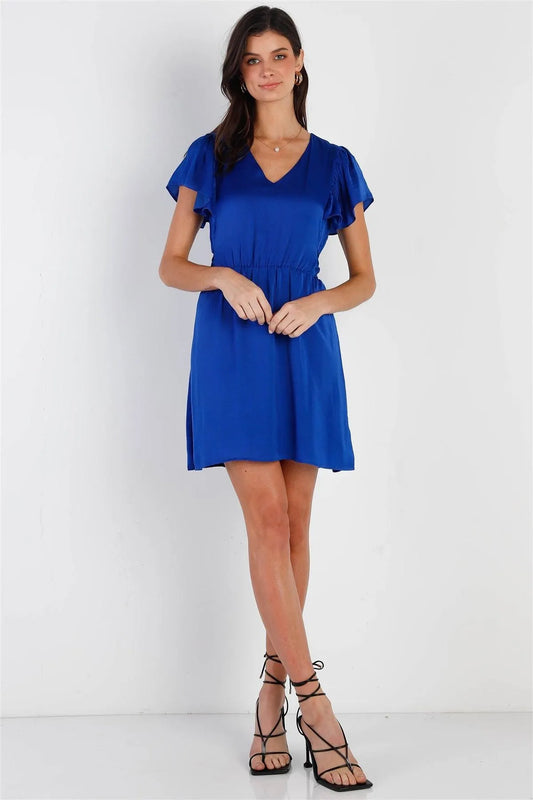 Cobalt Satin Effect Back Self-Tie Detail Flare Short Sleeve Mini Dress /1-2-2-1 - Tasha Apparel Wholesale