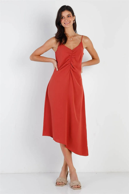 Brick Ruched Front Detail Back Crossover Straps Asymmetric Hem Midi Dress /1-1-2-1 - Tasha Apparel Wholesale