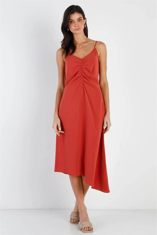 Brick Ruched Front Detail Back Crossover Straps Asymmetric Hem Midi Dress /2-2-2 - Tasha Apparel Wholesale