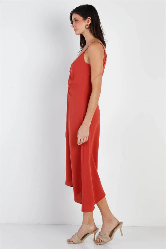 Brick Ruched Front Detail Back Crossover Straps Asymmetric Hem Midi Dress /3-2 - Tasha Apparel Wholesale
