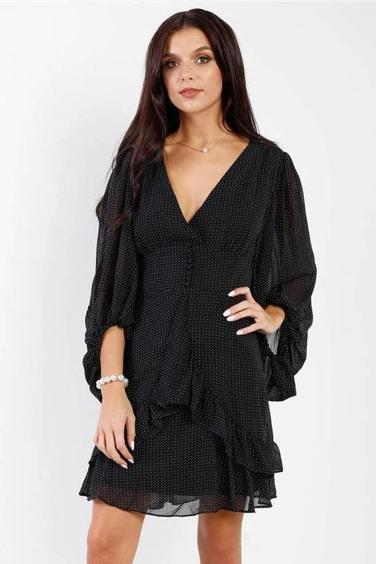 Black & White Polka Dot Puff Mesh Sleeve Ruffle V-Neck Dress /1-1-1 - Tasha Apparel Wholesale