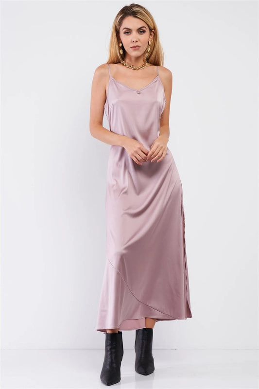 Dusty Mauve Satin Sleeveless Soft V-Neck Side Slip Midi Dress /1-1-1-1 - Tasha Apparel Wholesale