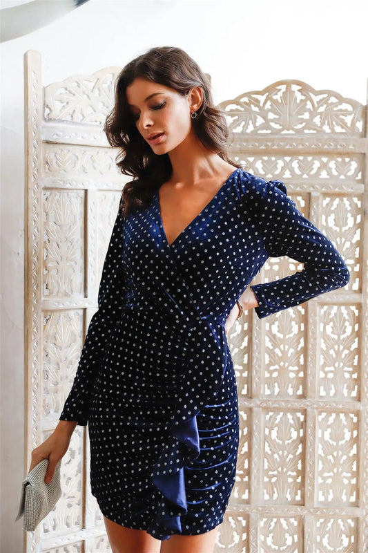 Navy Velvet Glitter Polka Dot Side Gathered Ruffle Mini Dress /1-2-3 - Tasha Apparel Wholesale