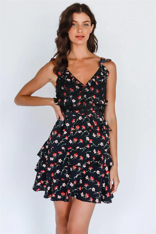 Black Multi Color Floral Print Lace Detail Ruffled Mini Dress - Tasha Apparel Wholesale