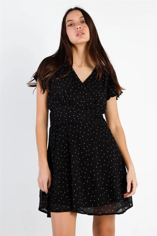 Black Plisse Polka Dot Mini Dress /1-1-1-1 - Tasha Apparel Wholesale