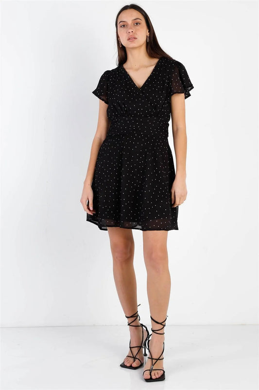 Black Plisse Polka Dot Mini Dress /1-2-2-1 - Tasha Apparel Wholesale
