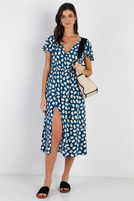 Blue Daisy Print V-Neck Side Slit Midi Dress /1-2-2-1 - Tasha Apparel Wholesale