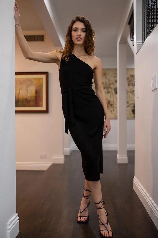 Black Textured One Shoulder Belted Side Slit Midi Dress /1-2-2-1 - Tasha Apparel Wholesale