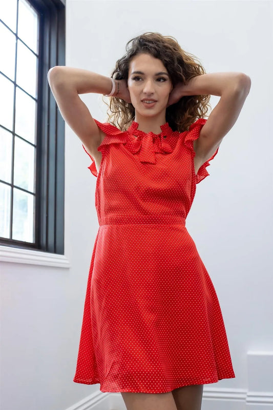 Red & White Polka Dot Ruffle Self-Tie Collar Mini Dress /2-4 - Tasha Apparel Wholesale