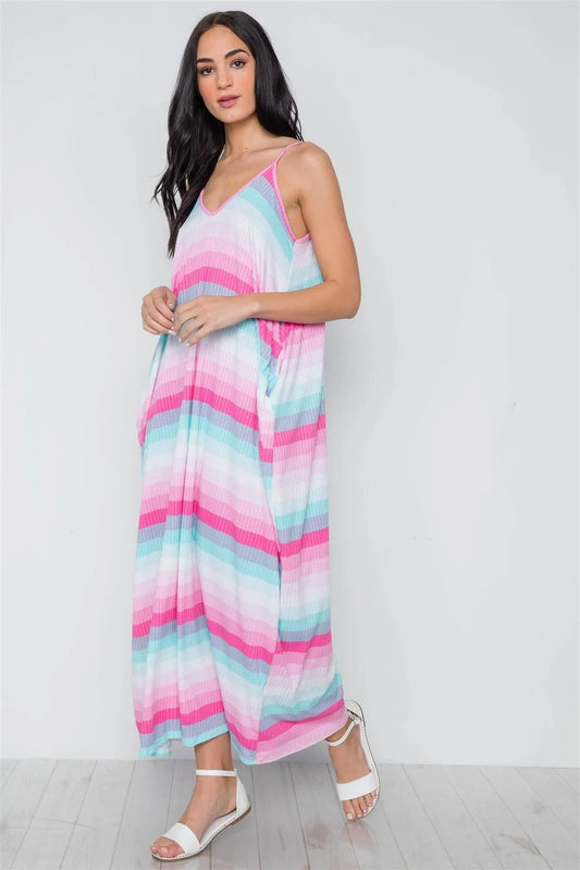 Pink Multi Stripe Cami Maxi Dress /2-2 - Tasha Apparel Wholesale