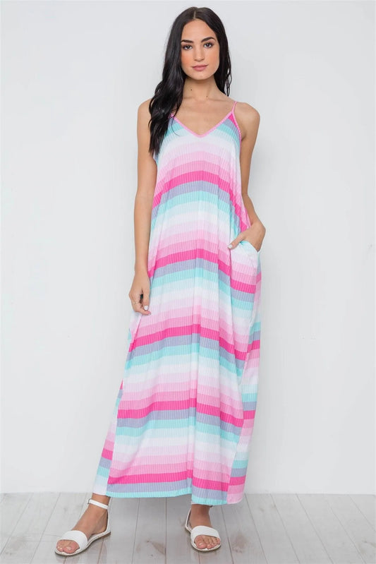 Pink Multi Stripe Cami Maxi Dress /2-2-2 - Tasha Apparel Wholesale