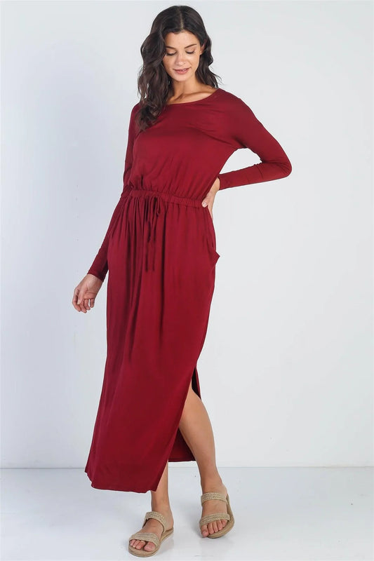 Burgundy Long Sleeve Basic Maxi Dress /1-1-1 - Tasha Apparel Wholesale