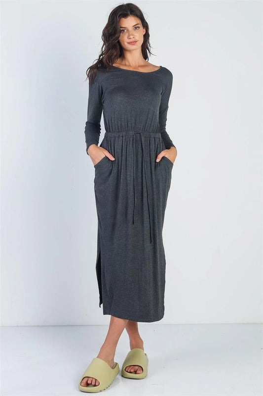 Charcoal Long Sleeve Basic Maxi Dress - Tasha Apparel Wholesale