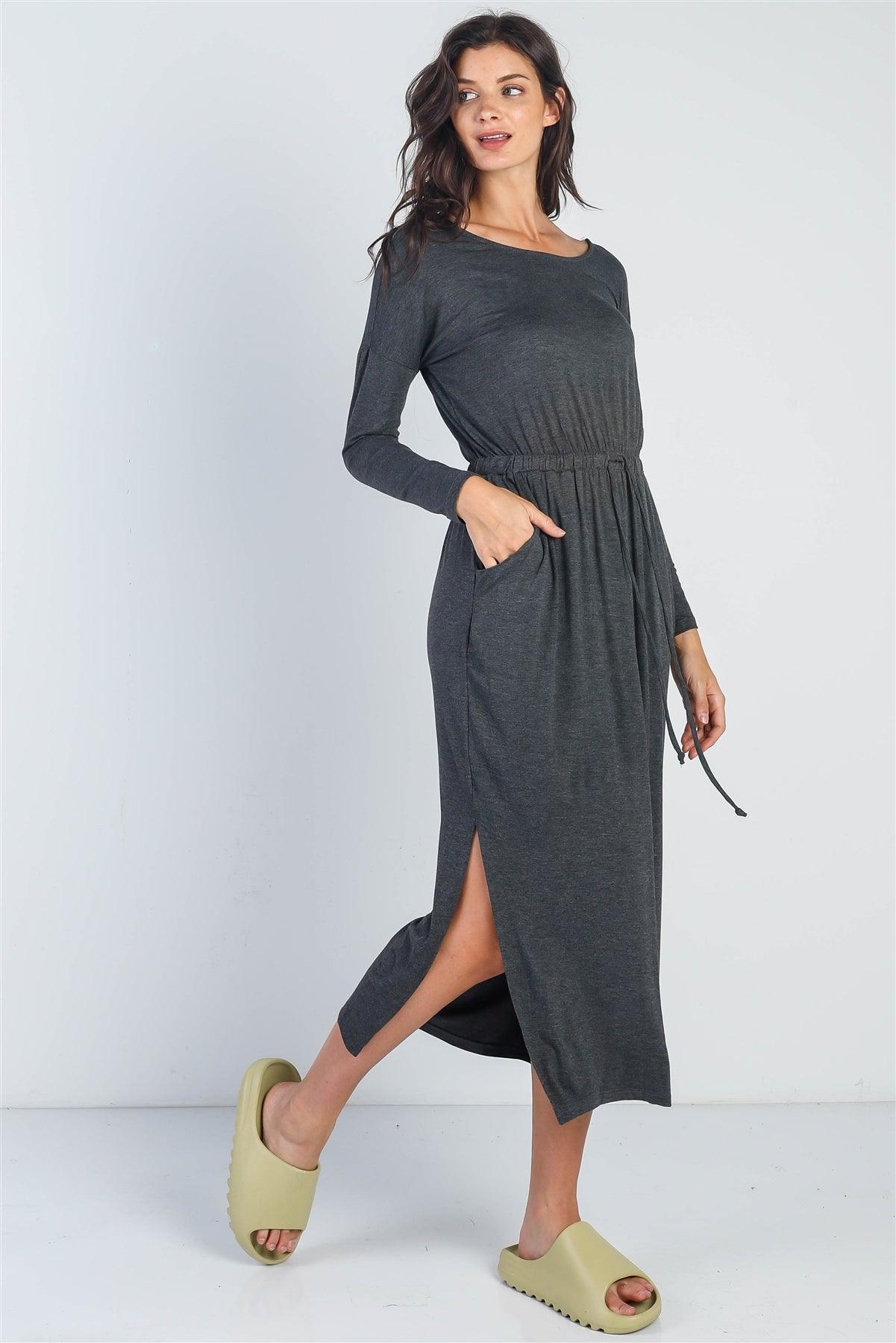 Charcoal Long Sleeve Basic Maxi Dress /1-1-1