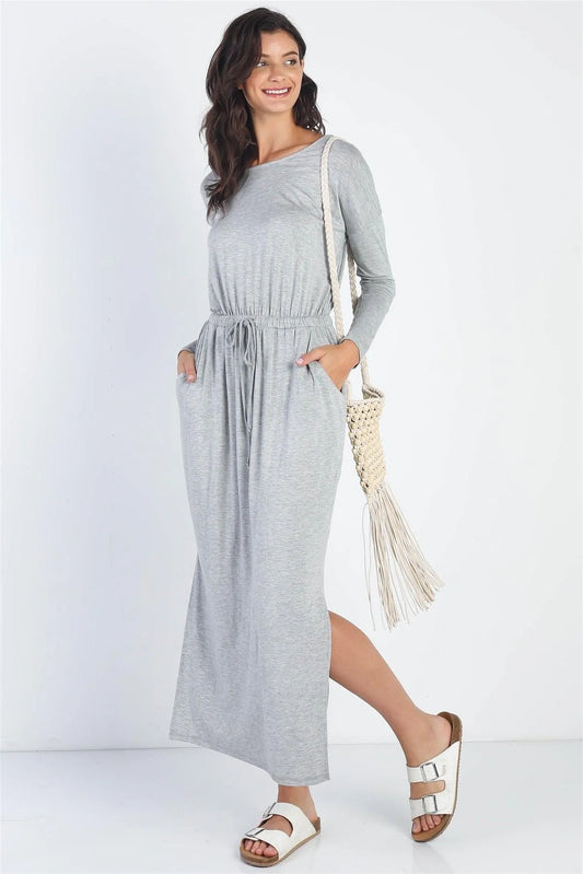 Heather Grey Long Sleeve Basic Maxi Dress /1-1-1 - Tasha Apparel Wholesale