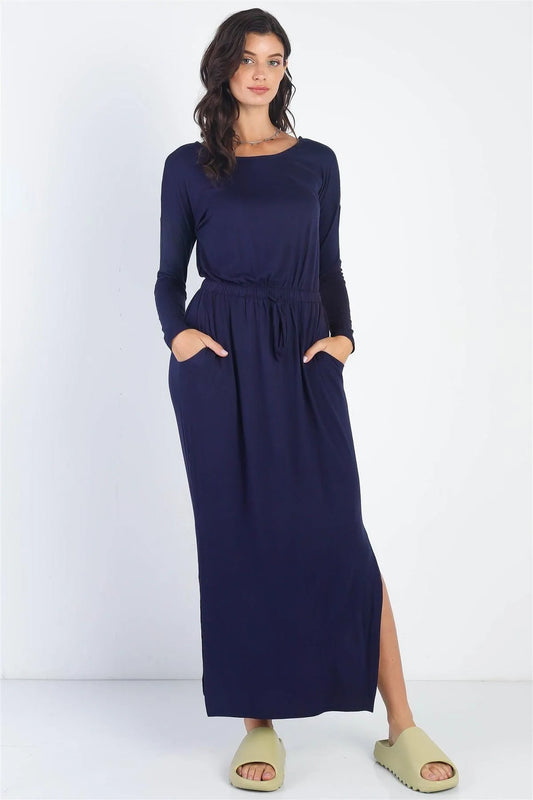Navy Long Sleeve Basic Maxi Dress /1-1-1 - Tasha Apparel Wholesale