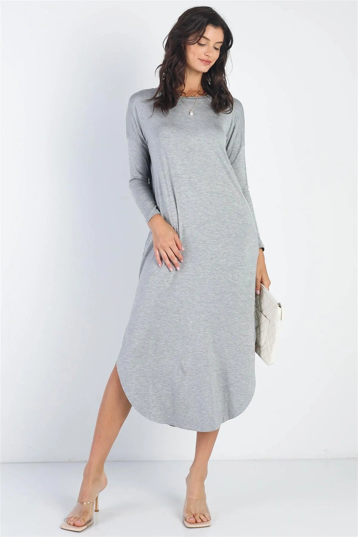 Heather Grey Long Sleeve Midi Dress /1-1-1 - Tasha Apparel Wholesale