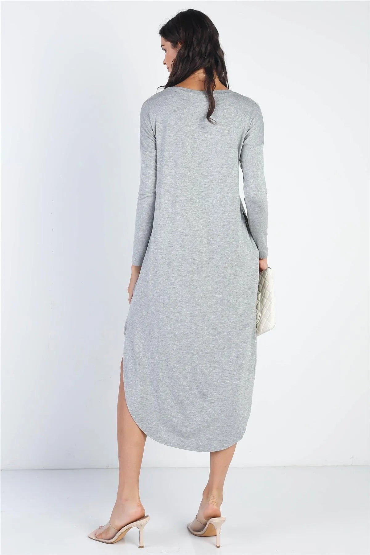 Heather Grey Long Sleeve Midi Dress /1-1-1 - Tasha Apparel Wholesale