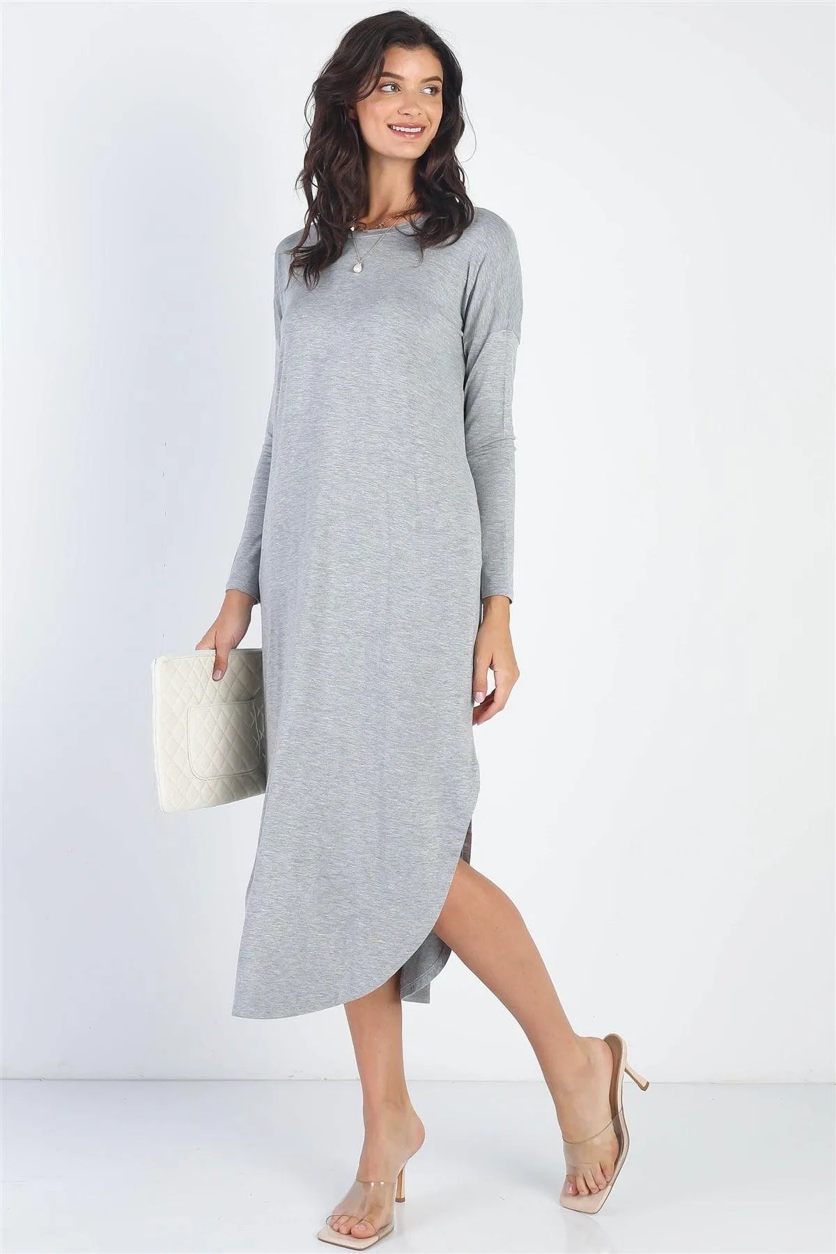 Heather Grey Long Sleeve Midi Dress /1-1-1 - Tasha Apparel Wholesale