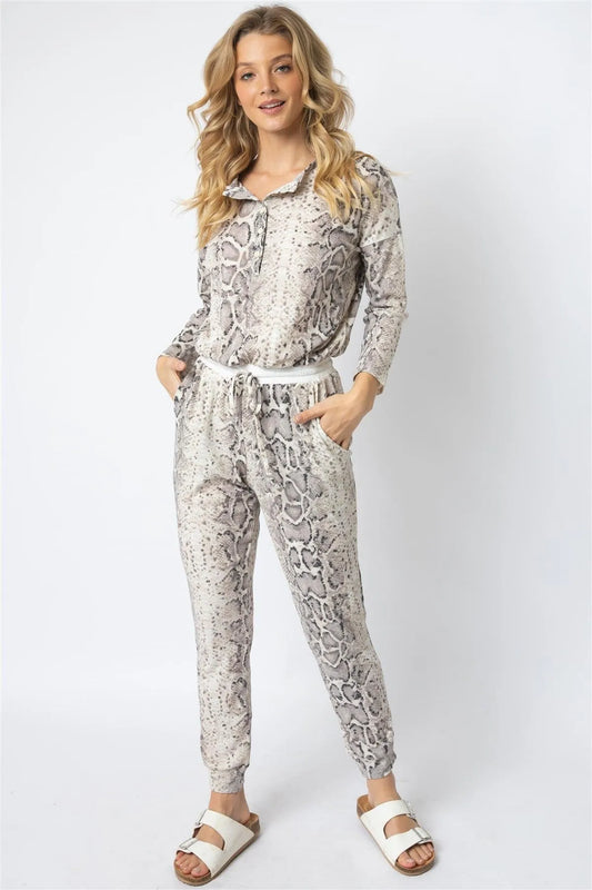 Taupe Snake Print Waffle Knit Long Sleeve Jumpsuit /1-1-1 - Tasha Apparel Wholesale