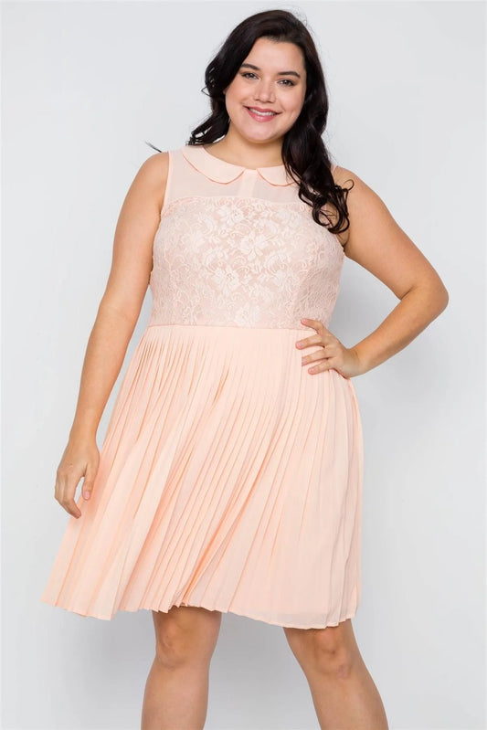Junior Plus Size Peach Pleated Chiffon Lace Sleeveless Dress / 2-2-1-1 - Tasha Apparel Wholesale