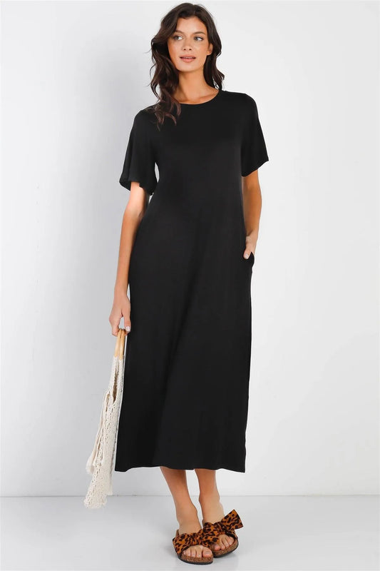 Black Short Sleeve Midi Dress /1-1-1 - Tasha Apparel Wholesale