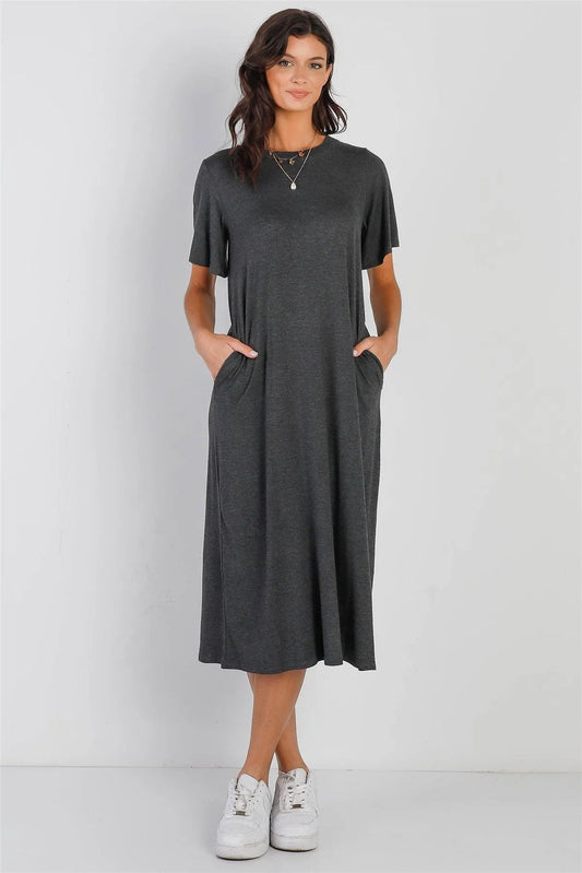 Charcoal Short Sleeve Midi Dress /1-1-1 - Tasha Apparel Wholesale