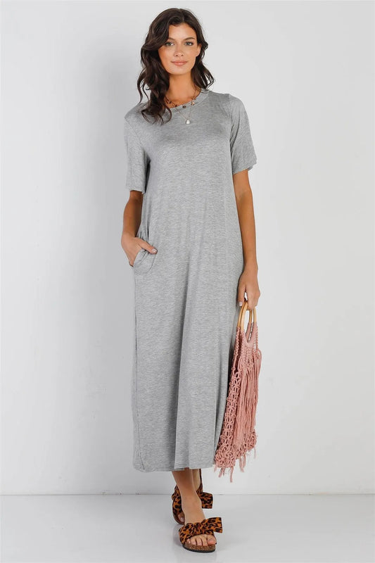Heather Grey Short Sleeve Midi Dress /1-1-1 - Tasha Apparel Wholesale