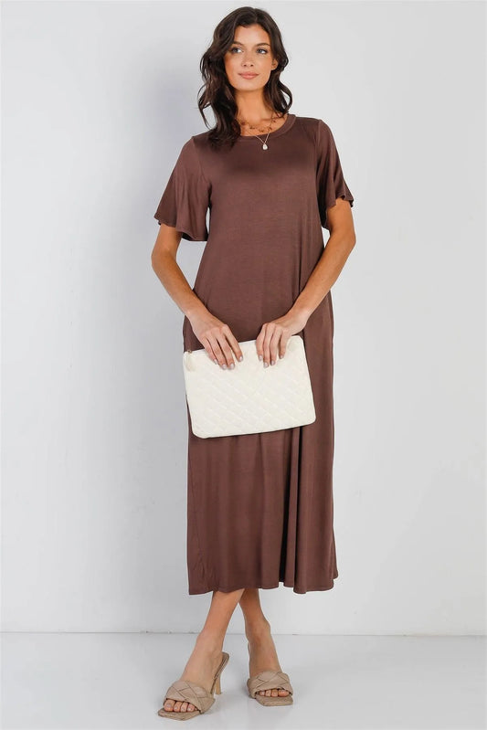 Mocha Short Sleeve Midi Dress /1-1-1 - Tasha Apparel Wholesale