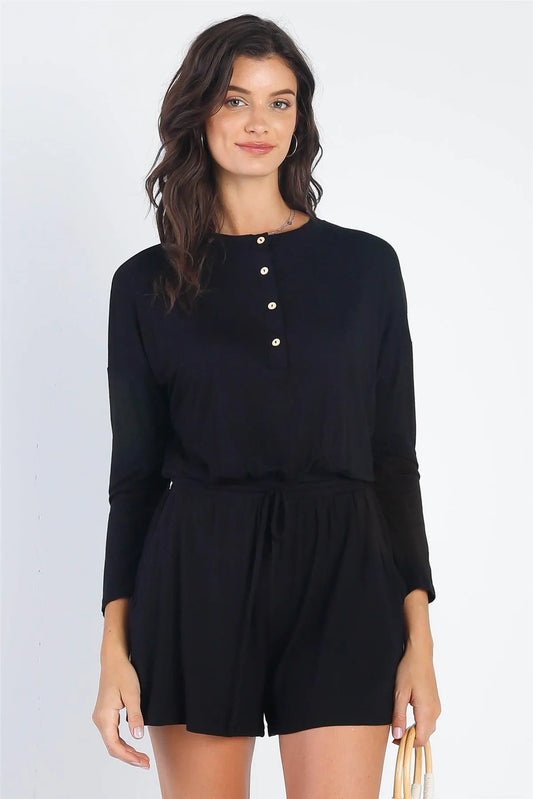 Black Button Up Neck Detail Long Sleeve Romper /1-1-1 - Tasha Apparel Wholesale